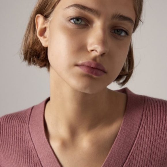 Zara Dark Rose Pink Mauve Knit Puff Shoulder Sleeves Button Up V Neck Cardigan L - Picture 3 of 7